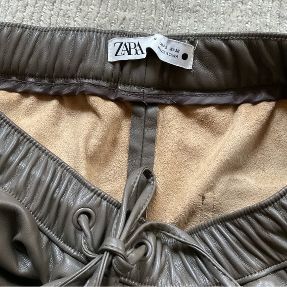 ZARA Olive Green Faux Leather Pants Fleece Lined Drawstring Classy Khaki S Small - Picture 5 of 6